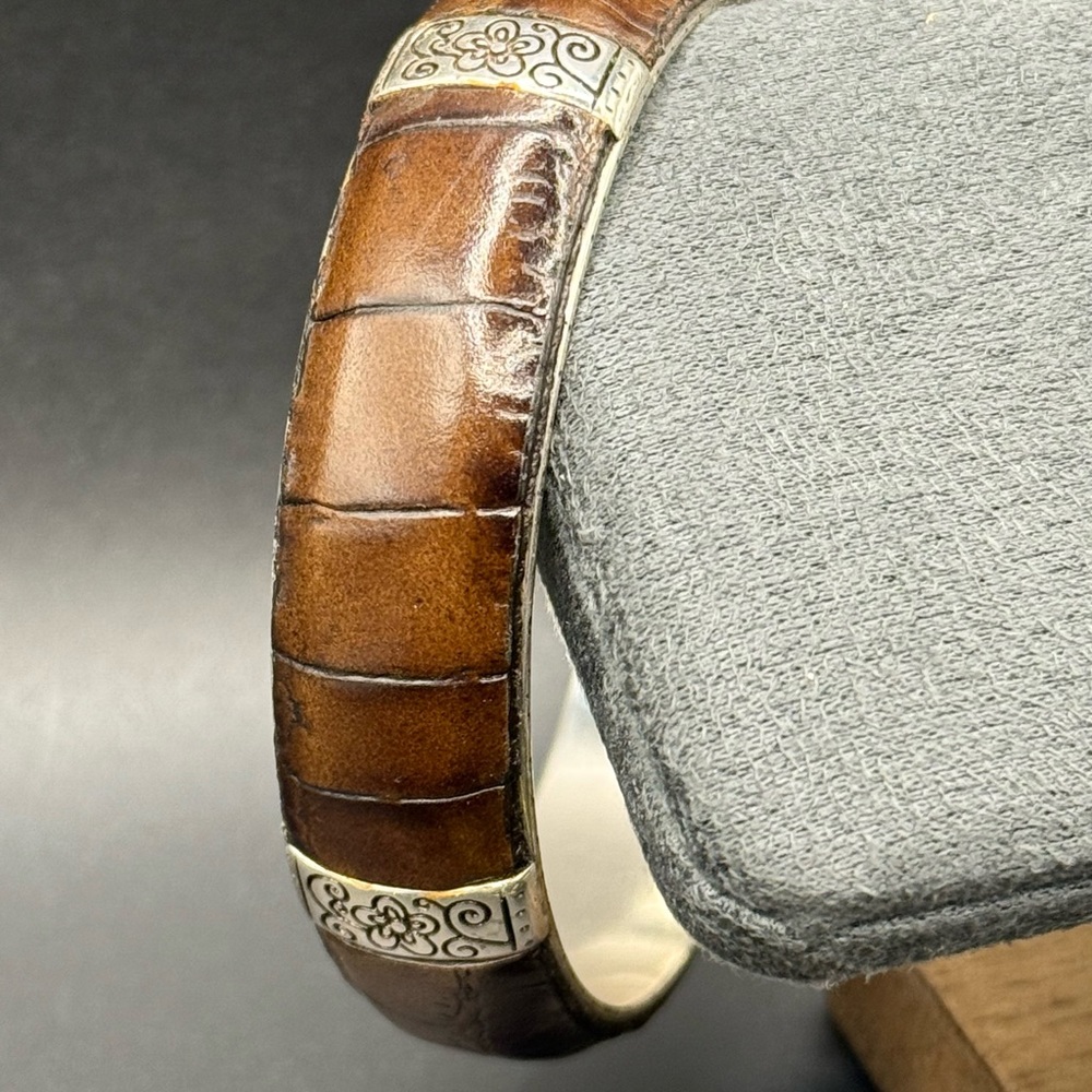Vintage Brighton Silver & Brown Leather Bangle Bracelet 2.5 wide.
